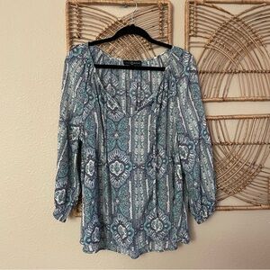 Fred David Boho Peasant Blouse Top Tunic Blue Flowy Beachy Coastal 90s Sz L B18